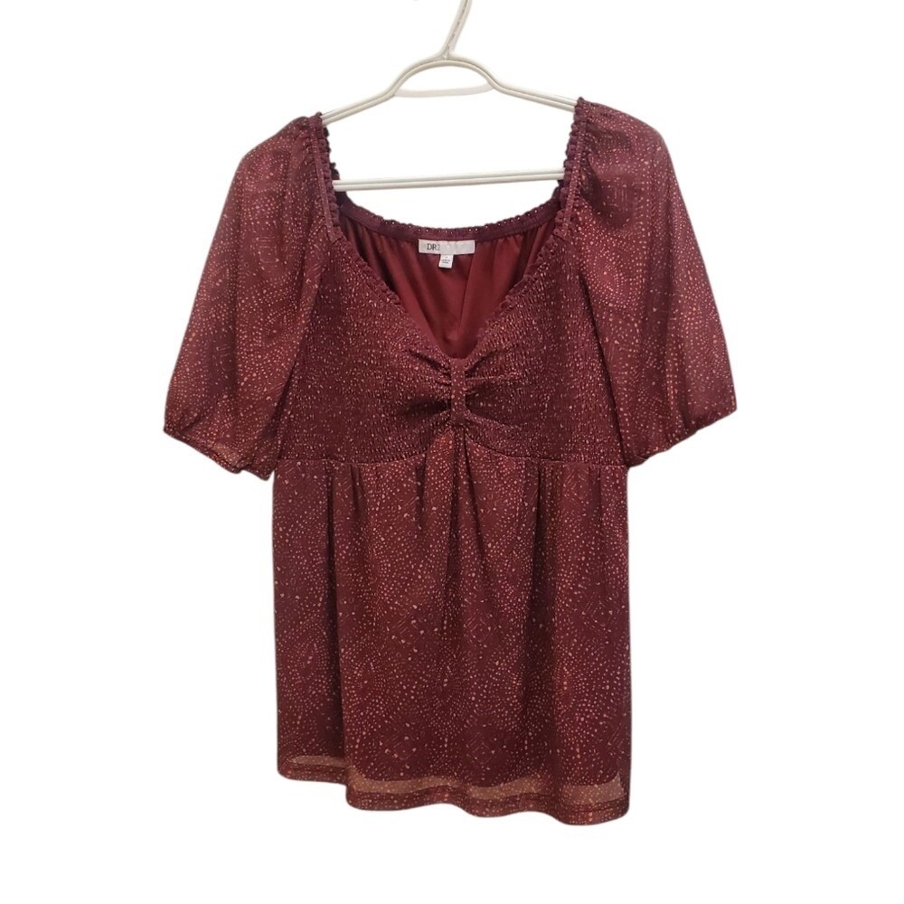 DR2 Top Smocked Blouse Square Neck Burgundy Casual Medium